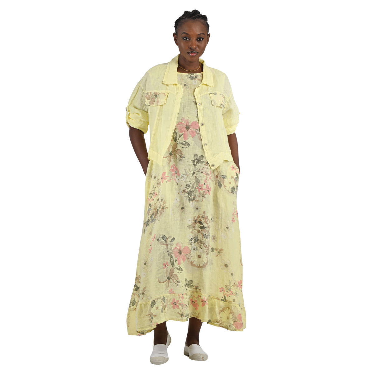 Wild flower print linen maxi dress