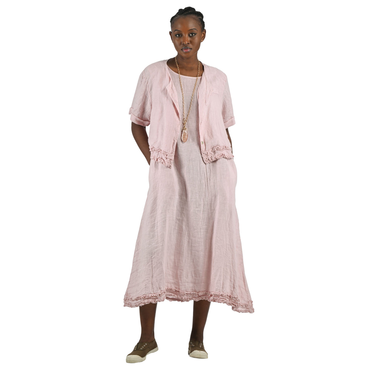 Double frill border linen maxi dress