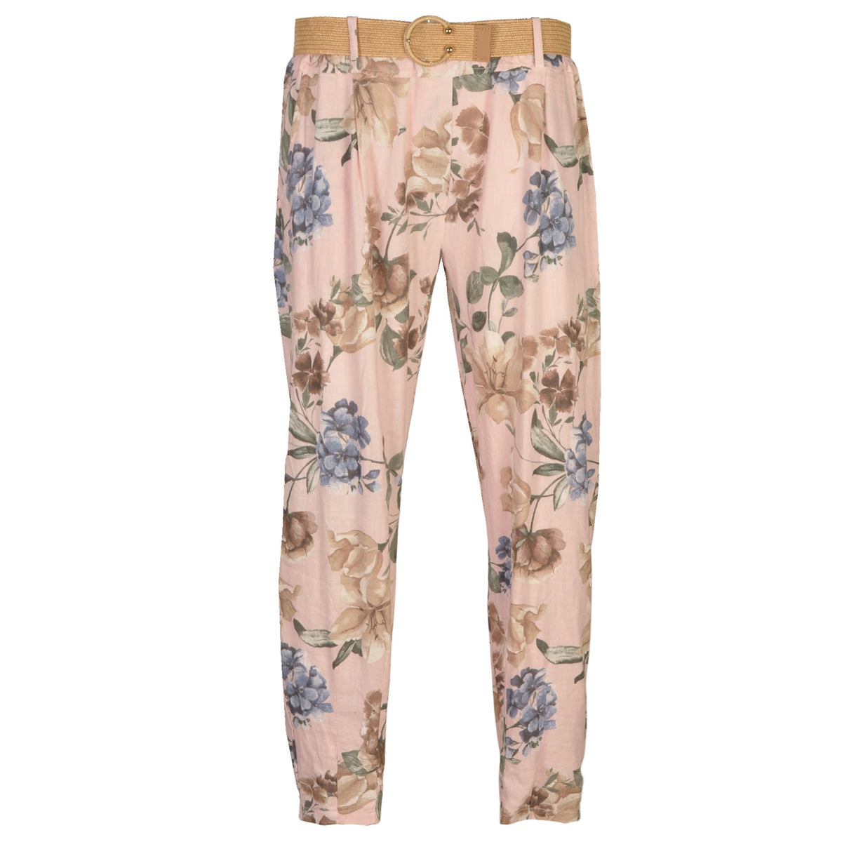 Giant floral print belted linen mix pant