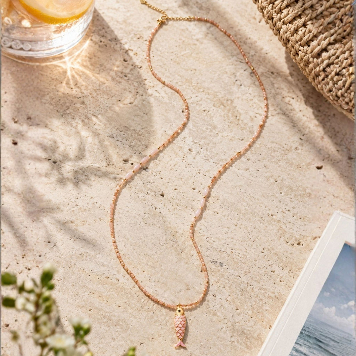 Fish pendant smokey beaded necklace