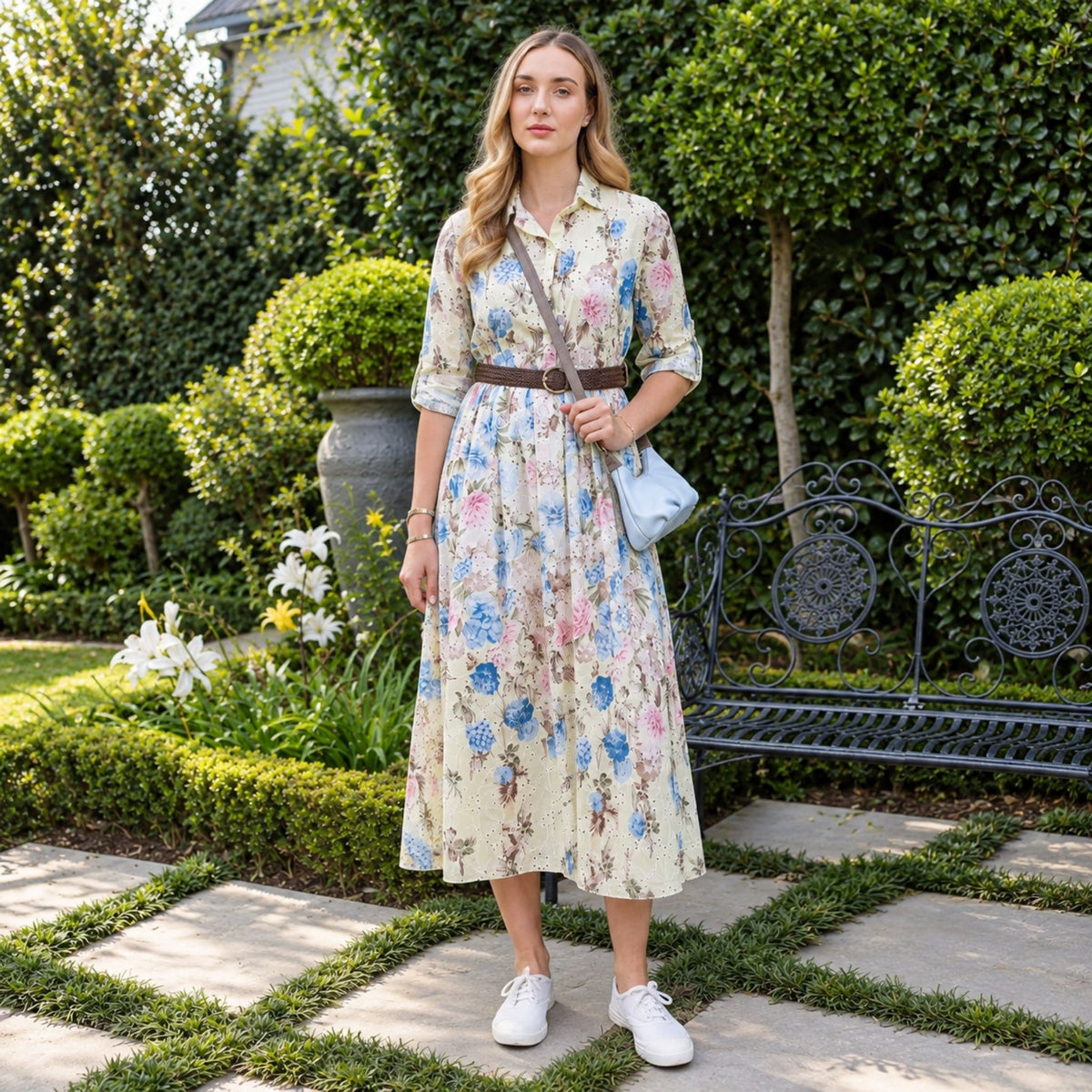 Rose print anglaise belted dress
