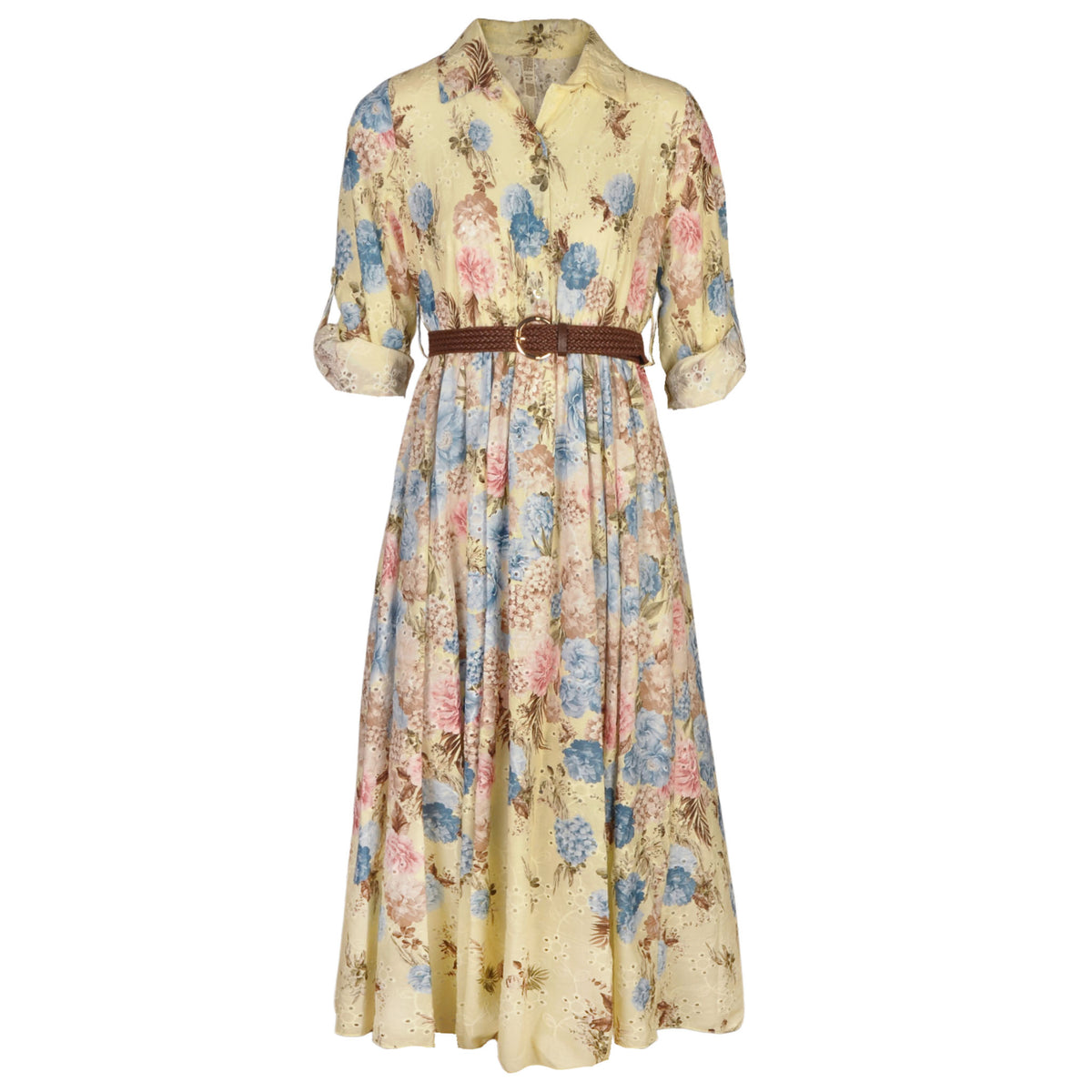 Rose print anglaise belted dress
