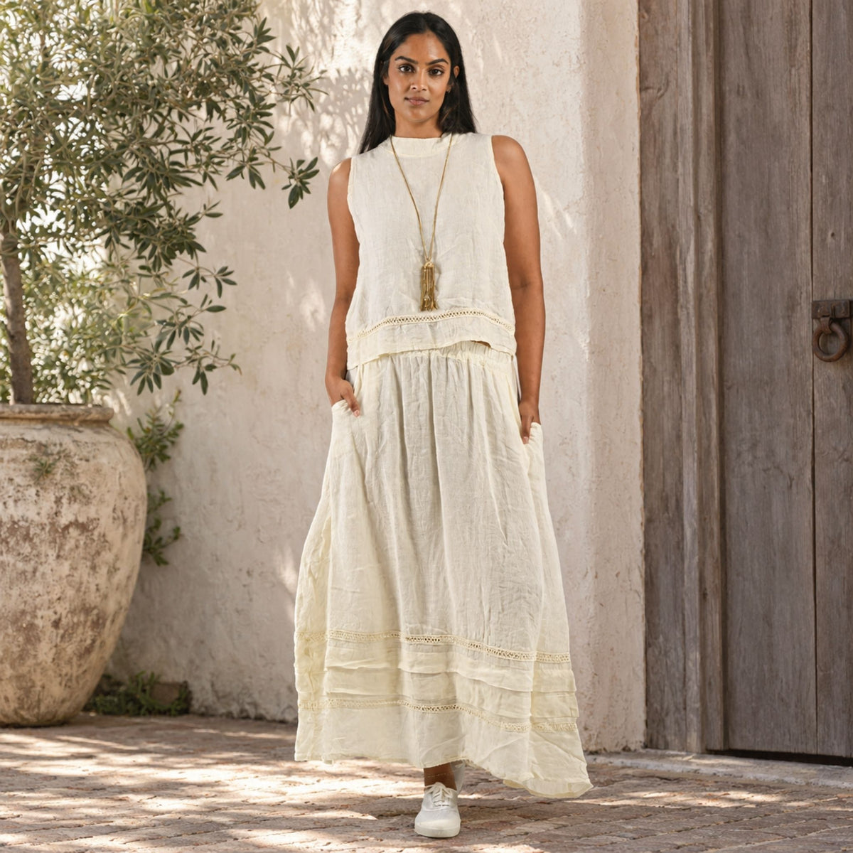 Crochet tuck detail linen skirt