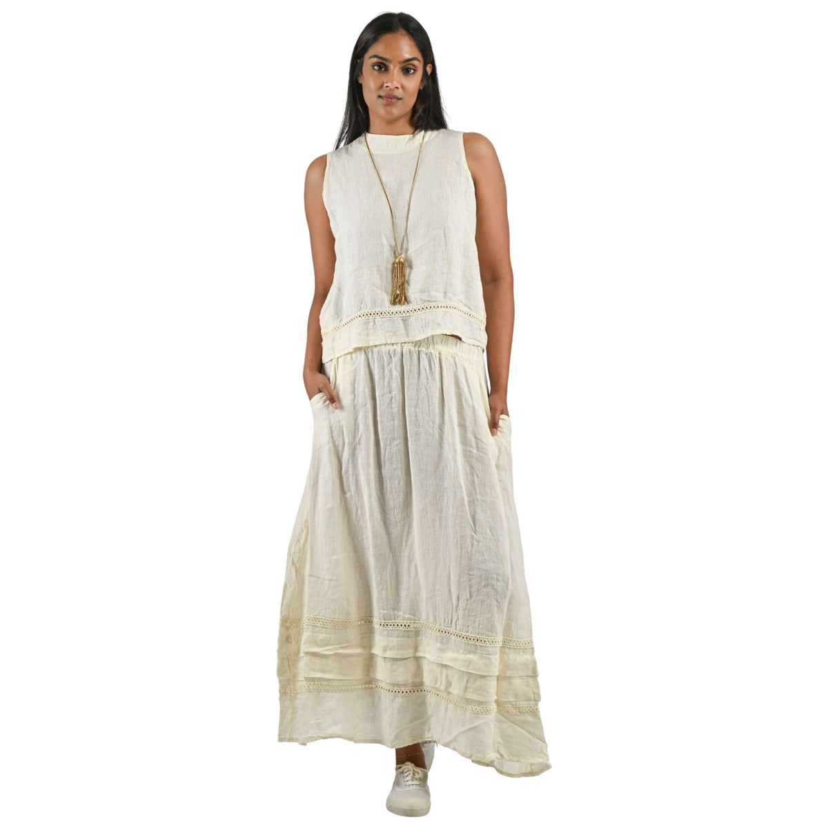 Crochet tuck detail linen skirt