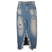 Raw-edge high slit torn denim skirt