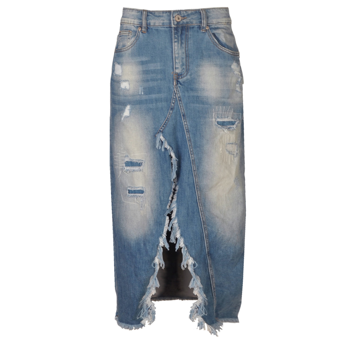 Raw-edge high slit torn denim skirt