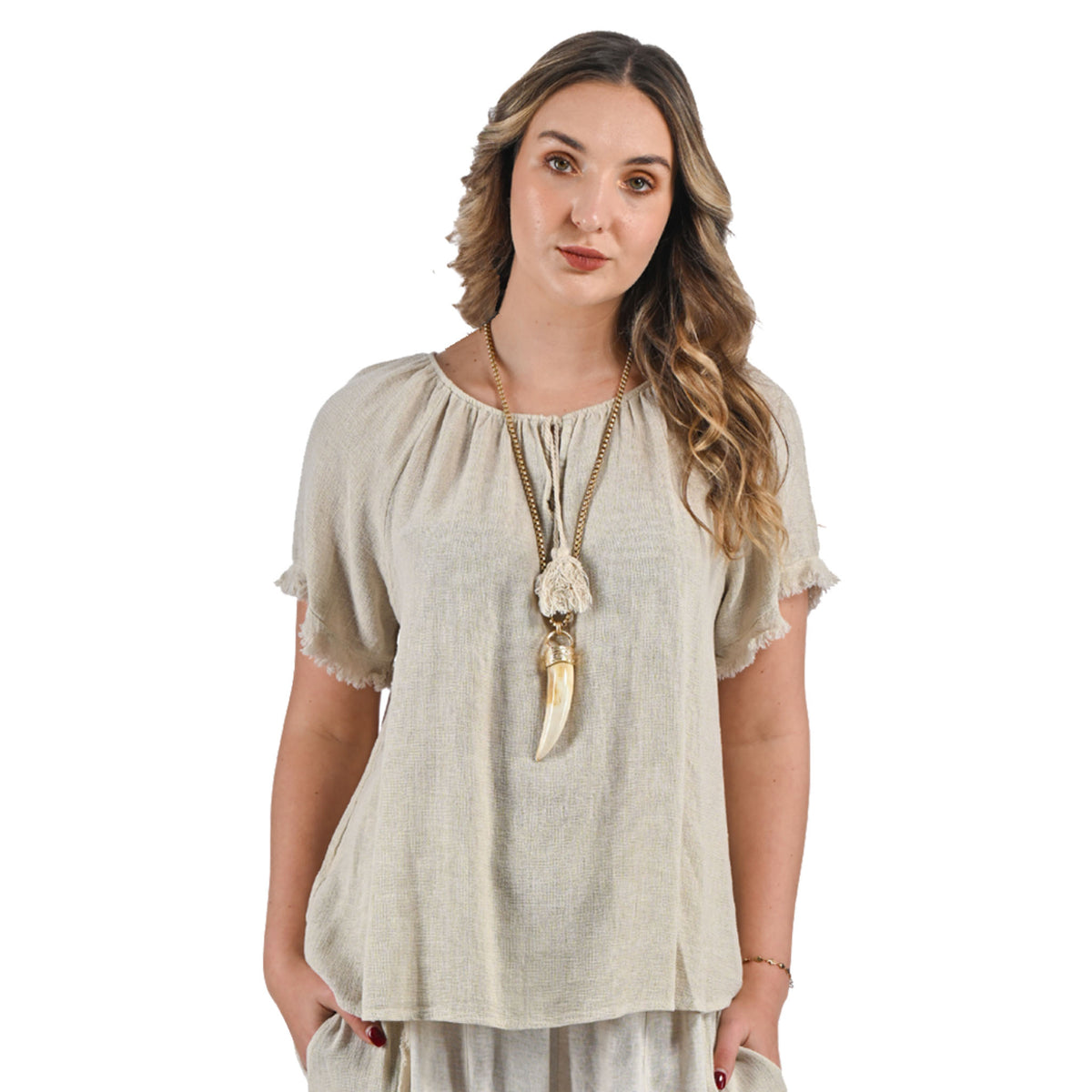 Raw edge linen mix tassel top