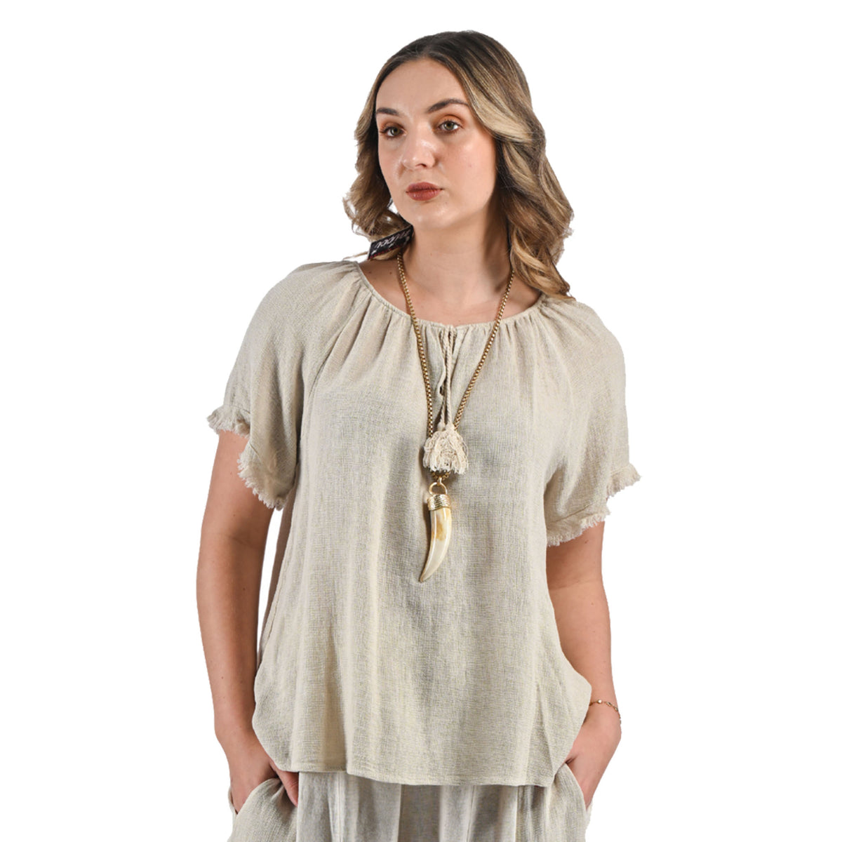 Raw edge linen mix tassel top
