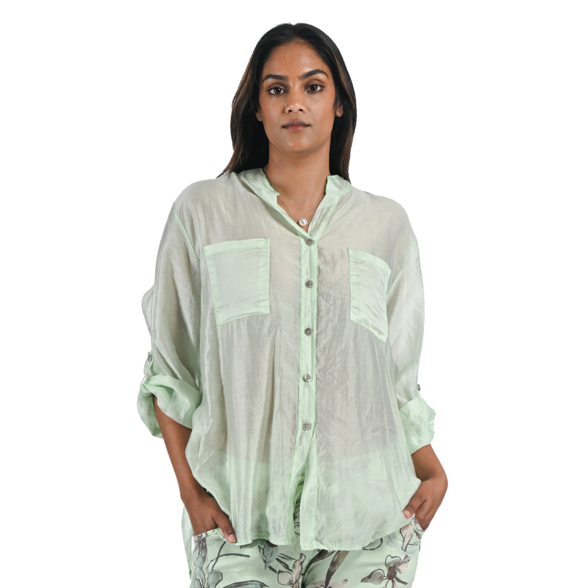 Sheer hi lo mandarin shirt