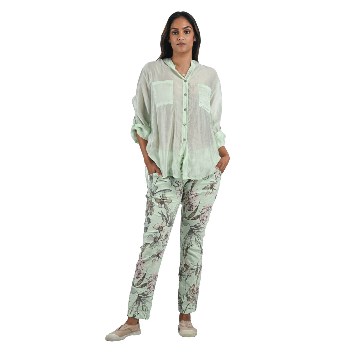 Sheer hi lo mandarin shirt