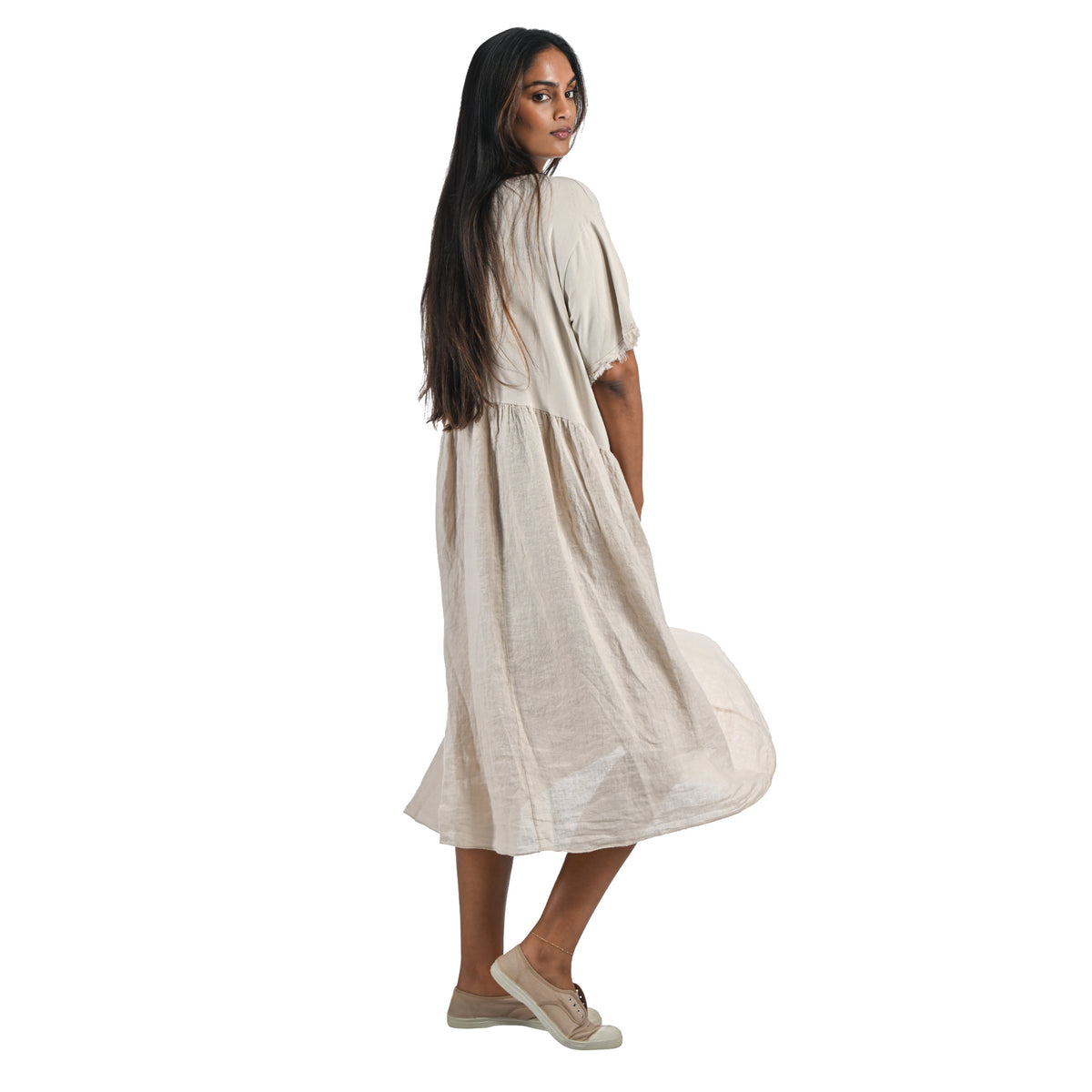 Two textured hi-lo linen mix dress