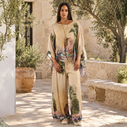 Building and boat printed double layered silk top