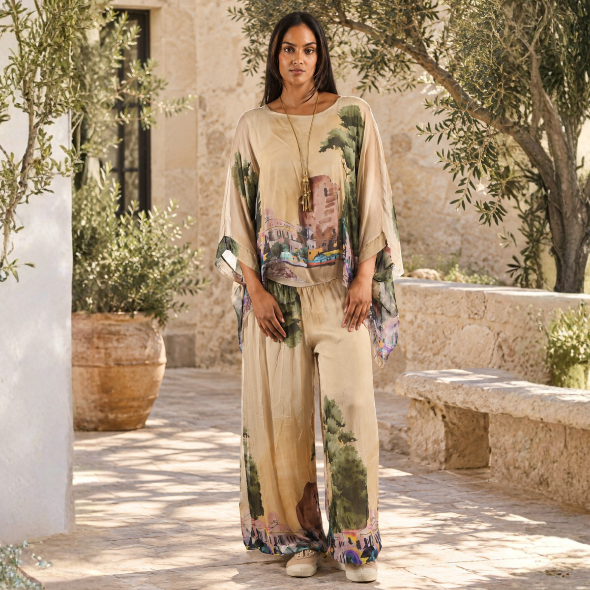 Building and boat printed double layered silk top