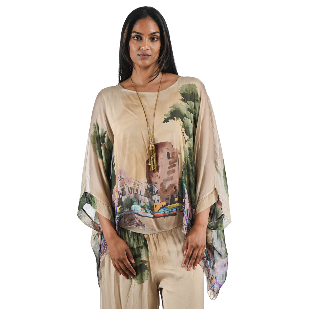 Building and boat printed double layered silk top