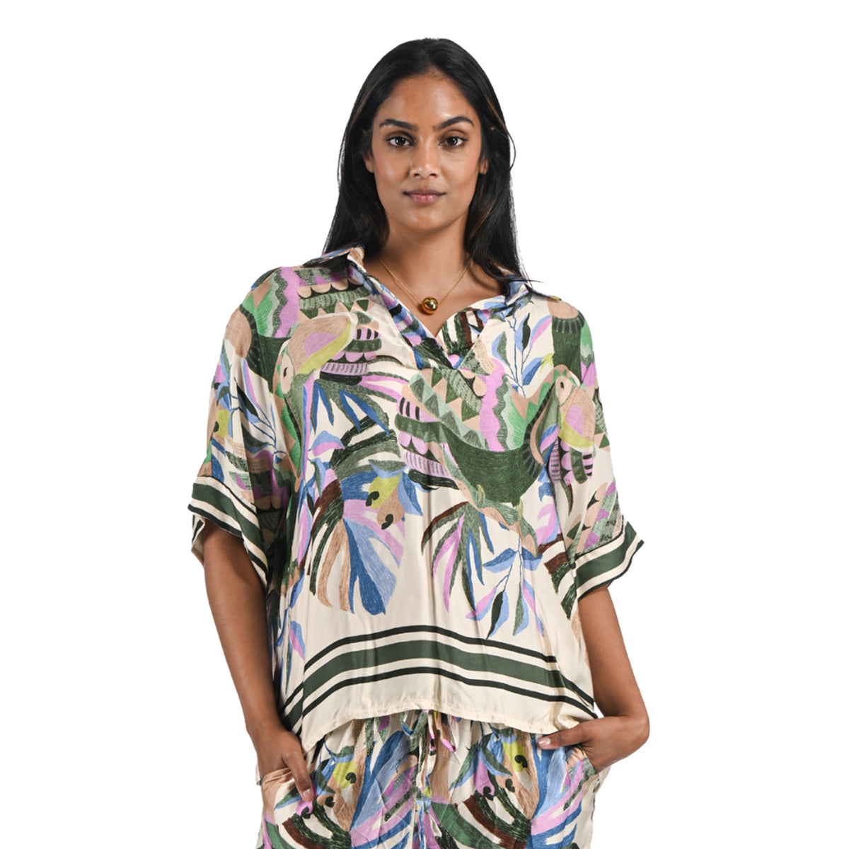 Giant parrot print silky top