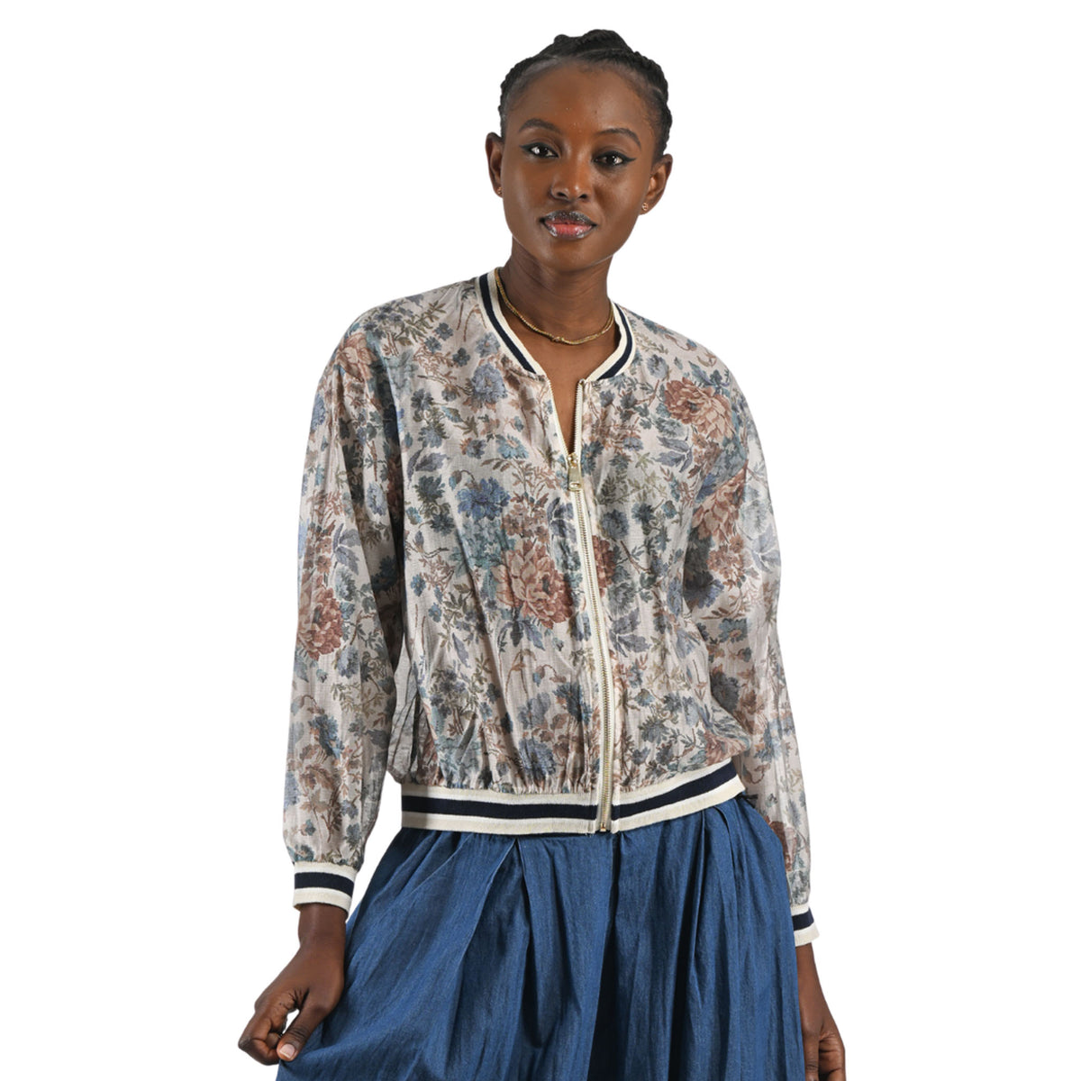 Vintage Floral print stripe border bomber