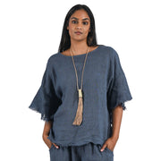 Raw edge bell sleeve linen top