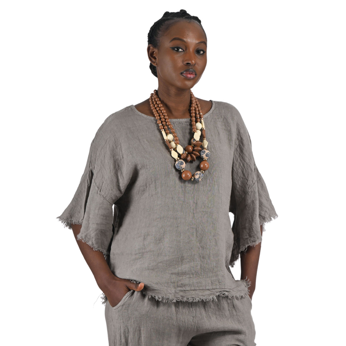 Raw edge bell sleeve linen top