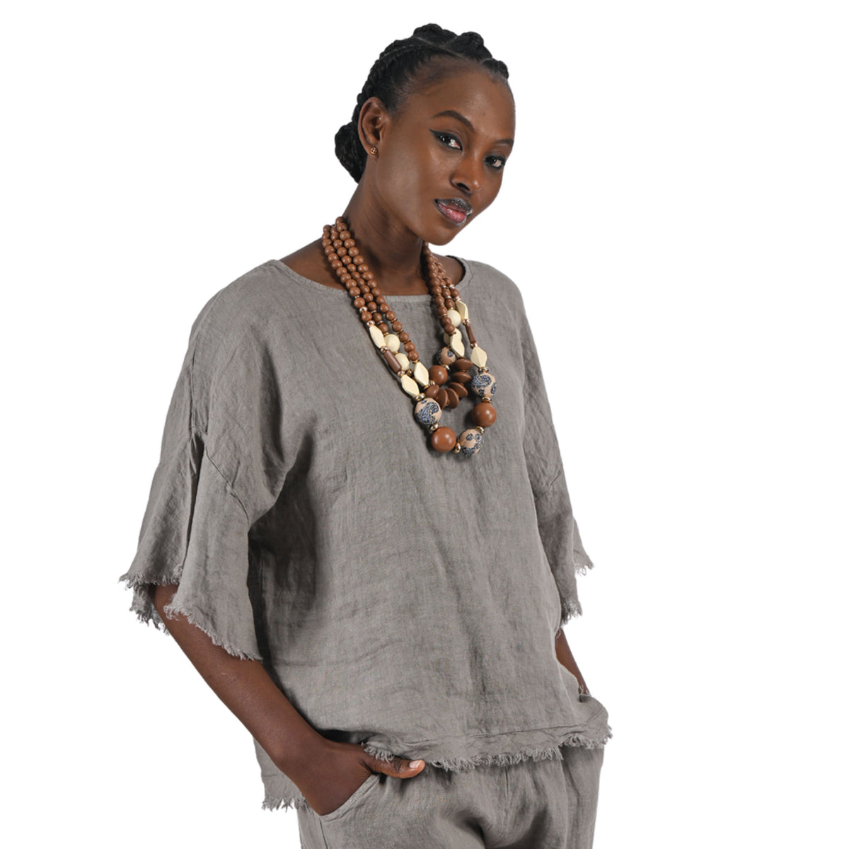 Raw edge bell sleeve linen top