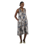 Floral print drawstring neckline linen dress