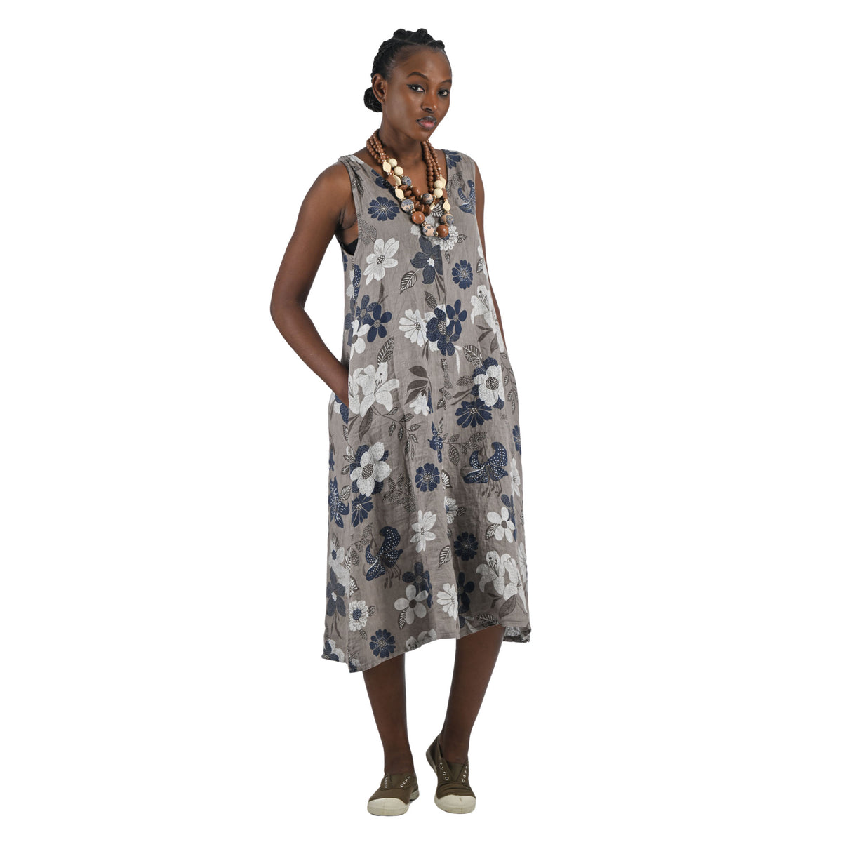 Floral print drawstring neckline linen dress
