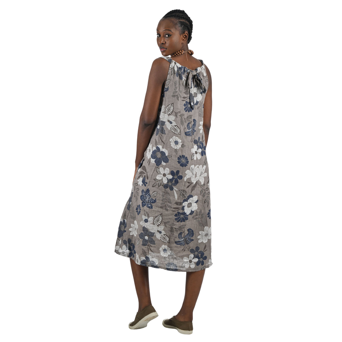 Floral print drawstring neckline linen dress